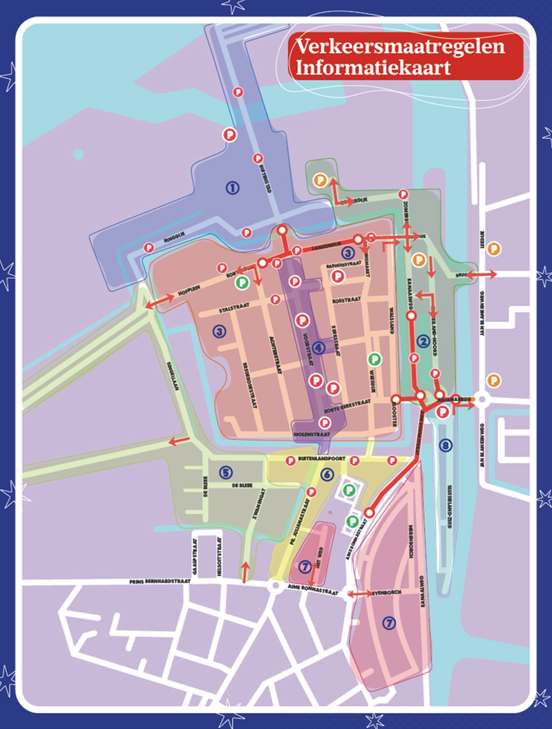 Kaart van de binnenstad van Vianen met de verkeermaatregelen die gelden voor 15 en 16 november 2024