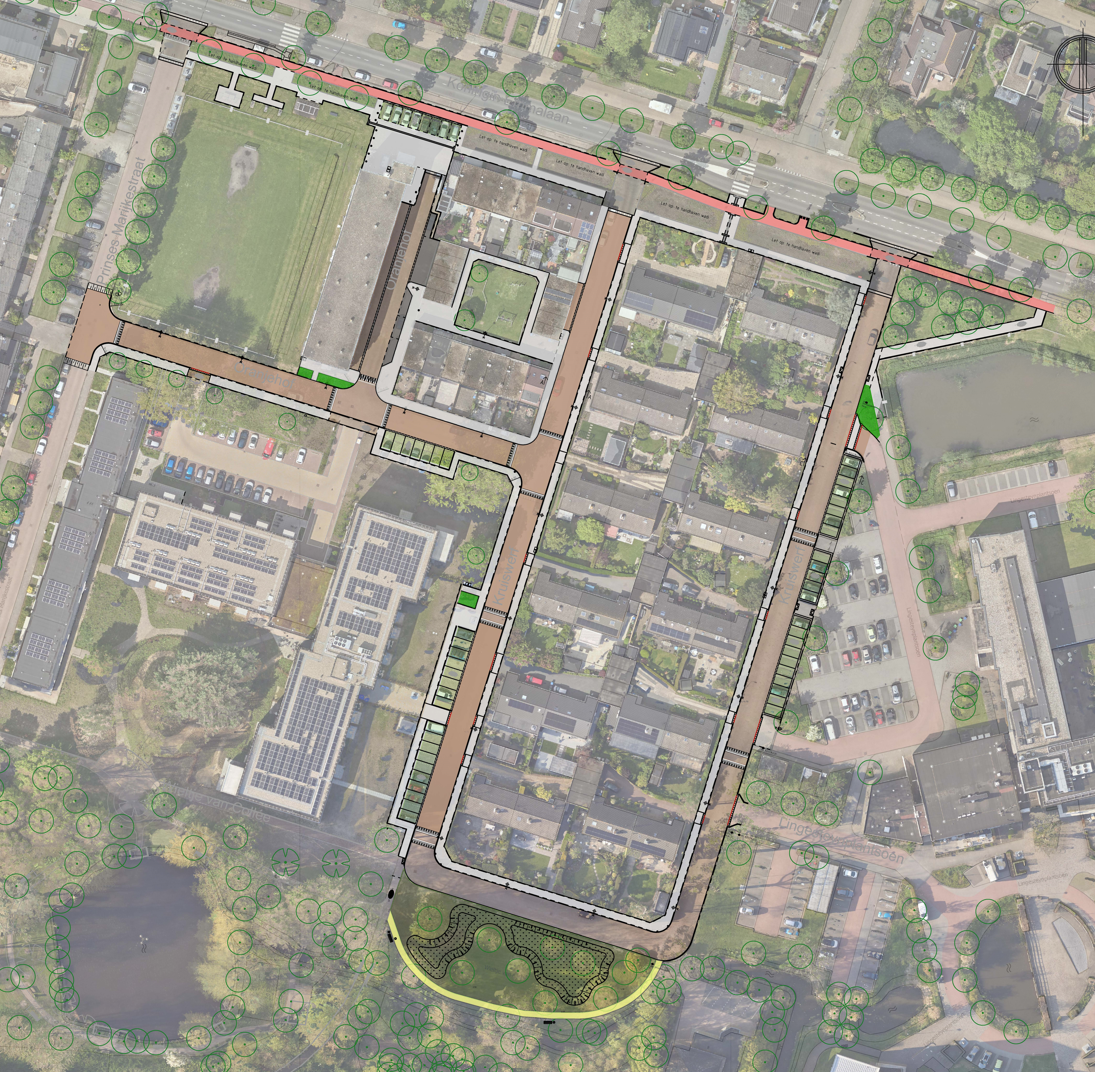 Een tekening met welke werkzaamheden er gaan plaatsvinden in de straten Kruiswerf en Oranjehof. Er komt nieuwe verharding, de parkeervakken worden anders ingericht, op diverse plekken komen plateaudrempels en er wordt een wadi aangelegd.